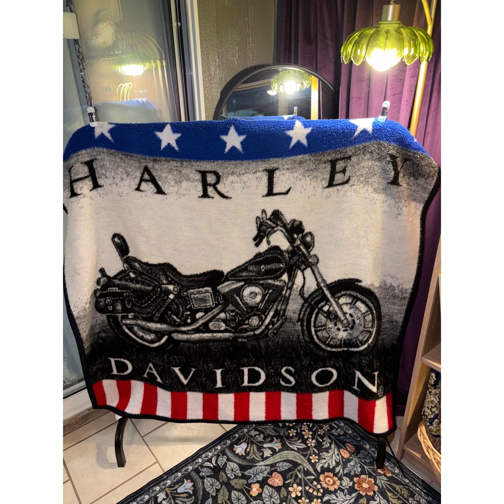 Harley Davidson Motorcycle Fleece Throw Blanket Stars Stripes Patriotic 54x50